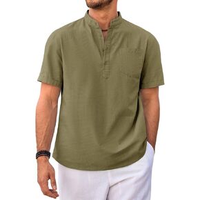 Beotyshow Men Casual Henley Shirt Short Sleeve Summer Basic T Shirt Pocket Soild Button Tee Top