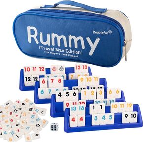 Doublefan Rummy Set,Travel Size Rummy Game with Portable Bag, Mini Rummy Cube Game for Adult and Kids,160 Tiles, 6 Playing Rack, 1 Dice (2-6 Players)