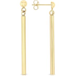 14K Gold Plain Round Long Stick Drop Line Bar Drop Hanging Push Back Earrings | Minimalist Modern Dangle Earrings