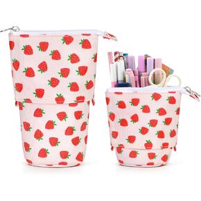Cute Standing Pencil Case for Kids, Pop Up Pencil Box Makeup Pouch, Stand UP Bubble Tea Pen Holder Organizer Cosmetics Bag, Kawaii Stationary (Strawberry)