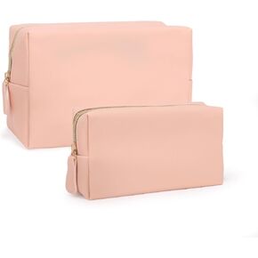 Makeup Bag for Women Girls, 2 Pieces Portable Cosmetic Bags Organizer Preppy Makeup Pouch PU Leather Waterproof Travel Toiletry Bag for Mom Daughter friend Wife