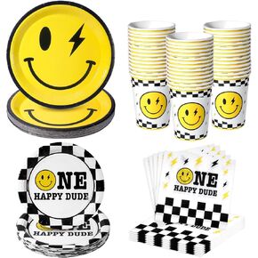 200Pcs One Happy Dude Birthday Plates Yellow Smile Face Party Plates One Happy Dude Paper Plates Cups Napkins Decor Disposable Party Favors for Birthday Baby Shower Wedding Bachelor Party,Serves 50