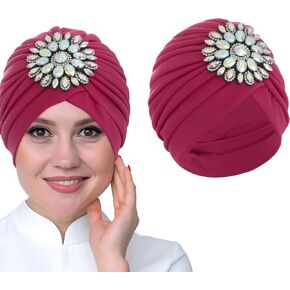 Bohend Rhinestone Turban Hat for Women Stretch Headwarp Pre Tied Head Cover Bonnet Muslim Crysta Pleated Headscarf Hat