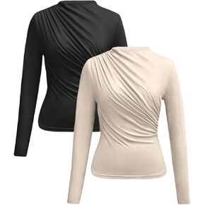 Milumia Women's 2 Pack Ruched Mock Neck Long Sleeve T Shirt Fleece Work Basic Tops