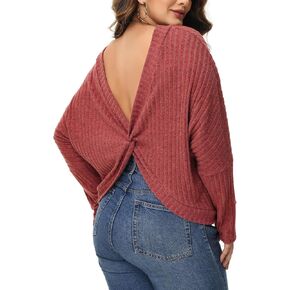 Women Plus Size Long Sleeve Shirts Criss Cross Twisted Back Sweaters Knit Ribbed V Neck Tunics L-4XL
