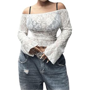 Floerns Women's Plus Size Off Shoulder Bell Long Sleeve Ruched Sheer Lace Tee Shirts Crop Tops