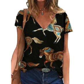 Vintage Western Women's Cowgirl Horse Printed T-Shirt Casual Cactus Desert Pattern V-Neck Short Sleeve Shirt T-Shirt top