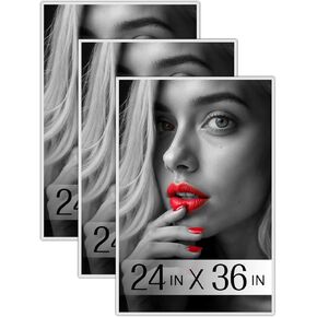 Plexon 24x36 Poster Frame White, Set of 3Pcs 24 x 36 Poster Frames for Home Decor, Office Horizontal or Vertical Wall Mount, Front Polish Plexiglass Large Picture Frame for Wall, Gallery Photo Frame