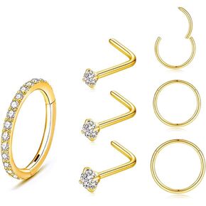 7Pcs 18g Surgical Steel Gold Nose Rings CZ Nose Hoop, 20G L Shaped Diamond Small Nose Studs for Nose Cartilage Helix Daith Tragus Sleeper Piercing Jewelry (7pcs Gold