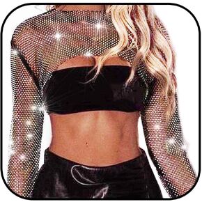 Rhinestone Body Chain Sparkly Black Long Sleeve Mesh Crop Top Nightclub Party Costume Tank Top Jewelry for Women
