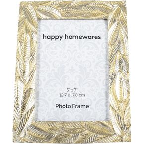 Happy Homewares Shabby Chic Resin 5x7 Inch Picture Frame with Multi Leaf Decor in Metallic Silver and Gold | Black Velveteen Backing with D-Ring Clips