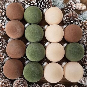 15 Pcs Velvet Christmas Ornaments Balls, 3.15 Inch Flocked Christmas Balls Hanging Ornaments, Shatterproof Xmas Bulbs Christmas Tree Decorations Velvet Ornament Balls (Brown, Green, Beige)