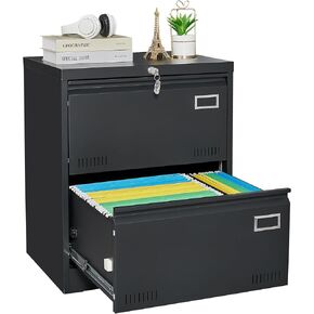 CuisinSmart Lateral File Cabinet 3 Drawer File Cabinet with Lock and Card Holder, Metal Steel Lockable Drawer File Cabinets Under Desk for Home Office Legal/Letter/F4/A4 Black