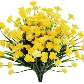 Artificial Daffodils Fake Large Flowers, 4 Bundles Yellow UV Resistant Faux Greenery Foliage Plants Shrubs for Garden, Wedding, Outside Hanging Planter, Farmhouse Indoor Outdoor Decor
