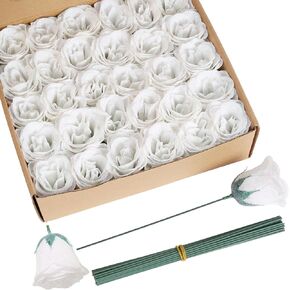 Artificial Roses, 30pcs White Roses Silk Roses Artificial Flowers for Crafts Wedding Bouquet Home Decoration(White)