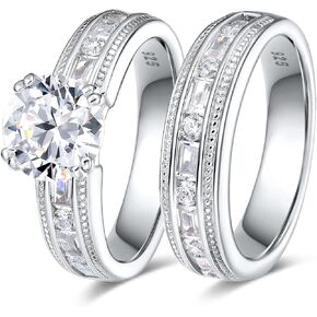 TIKJE Two-in-One Wedding Bands Set Sterling Silver Engagement Rings Set S925 Bridal Promise Ring Eternity Band for Women 2 pc Size 6-8