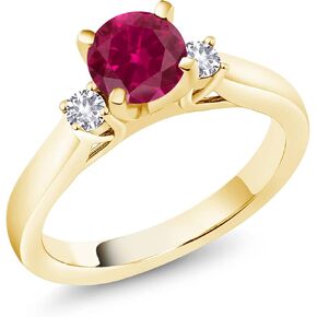 Gem Stone King 18K Yellow Gold Plated Silver Red Created Ruby and White Created Sapphire 3-Stone Engagement Ring For Women (1.10 Cttw, Round 6MM, Gemstone July Birthstone, Available in Size 5,6,7,8,9)