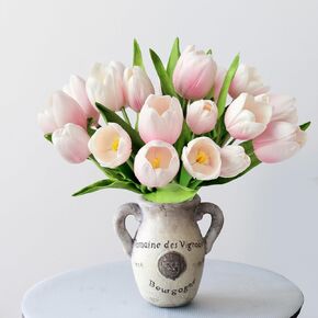 20 Pcs 13" Real Touch Tulips Artificial Flowers Champagne Pink Tulips Wedding Bouquet with Stem for Home Spring Faux Flower Decor Living Room Kitchen Xmas New Year Table Flower