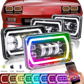 4x6 LED Headlights with RGB Halo Ring Music Mode Replacement H4651 H4652 H4656 H6545 Truck Chevrolet Kenworth Oldsmobile Ford Peterbilt