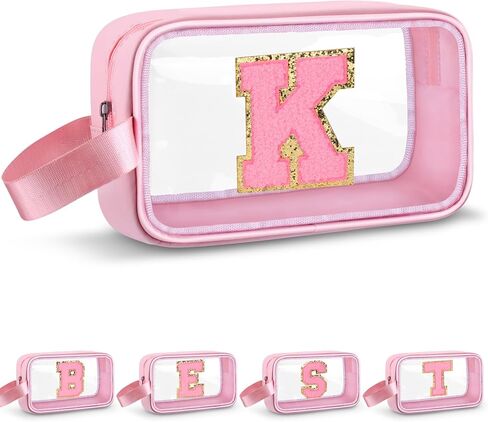 Initial Makeup Bag,Letter A Cute Clear Monogrammed Cosmetic Travel Bag for Womens Girls,Personalized Pink Aesthetic Traveling Make Up Organizer Bag for Beach,Waterproof Toiletry Bag in Kuwait