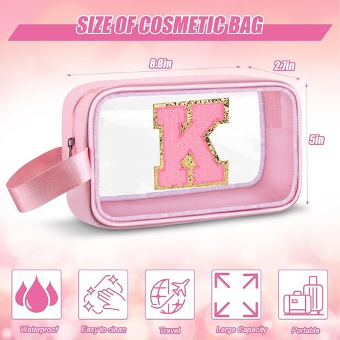Initial Makeup Bag,Letter A Cute Clear Monogrammed Cosmetic Travel Bag for Womens Girls,Personalized Pink Aesthetic Traveling Make Up Organizer Bag for Beach,Waterproof Toiletry Bag in Kuwait