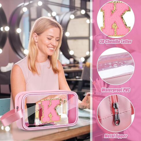 Initial Makeup Bag,Letter A Cute Clear Monogrammed Cosmetic Travel Bag for Womens Girls,Personalized Pink Aesthetic Traveling Make Up Organizer Bag for Beach,Waterproof Toiletry Bag in Kuwait