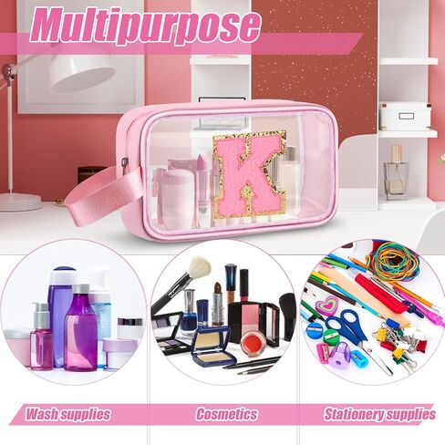 Initial Makeup Bag,Letter A Cute Clear Monogrammed Cosmetic Travel Bag for Womens Girls,Personalized Pink Aesthetic Traveling Make Up Organizer Bag for Beach,Waterproof Toiletry Bag in Kuwait