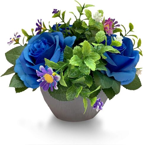 Small Fake Plants Artificial Silk Rose Flower Bushel Bouquet in Textured Imitation Wood Pot for Home, Office, Kitchen, Bathroom, Countertop Décor (Deep Blue) in Saudi Arabia