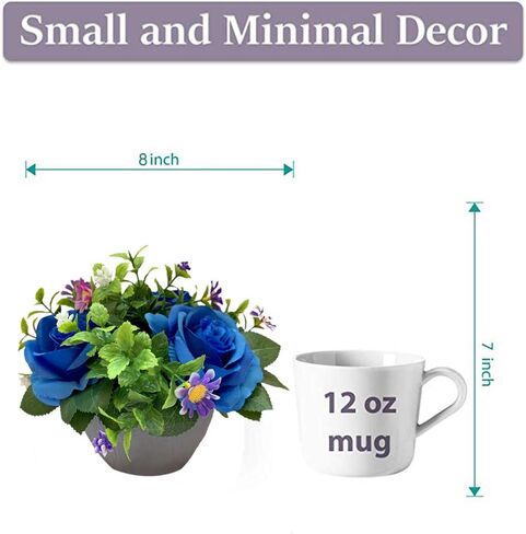 Small Fake Plants Artificial Silk Rose Flower Bushel Bouquet in Textured Imitation Wood Pot for Home, Office, Kitchen, Bathroom, Countertop Décor (Deep Blue) in Saudi Arabia