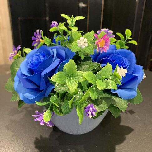 Small Fake Plants Artificial Silk Rose Flower Bushel Bouquet in Textured Imitation Wood Pot for Home, Office, Kitchen, Bathroom, Countertop Décor (Deep Blue) in Saudi Arabia