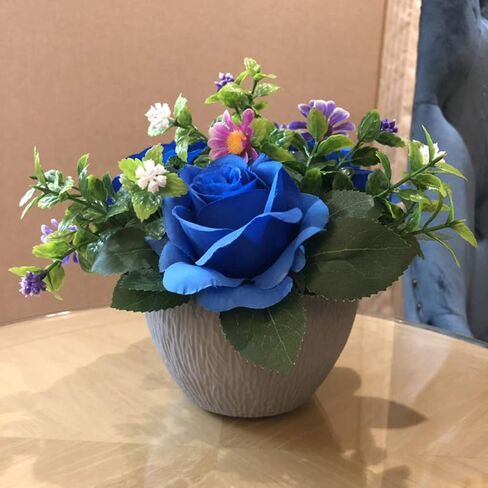Small Fake Plants Artificial Silk Rose Flower Bushel Bouquet in Textured Imitation Wood Pot for Home, Office, Kitchen, Bathroom, Countertop Décor (Deep Blue) in Saudi Arabia