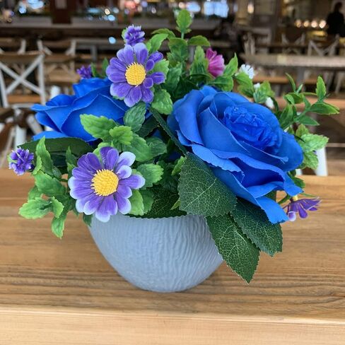 Small Fake Plants Artificial Silk Rose Flower Bushel Bouquet in Textured Imitation Wood Pot for Home, Office, Kitchen, Bathroom, Countertop Décor (Deep Blue) in Saudi Arabia