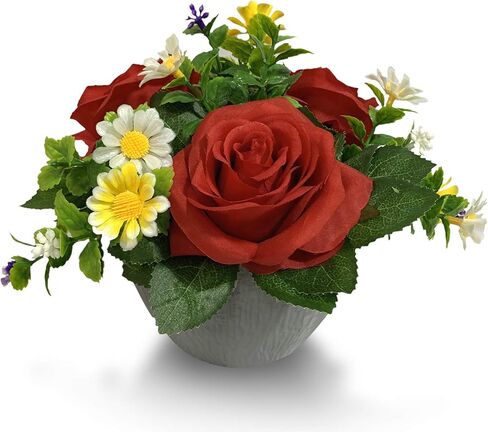 Small Fake Plants Artificial Silk Rose Flower Bushel Bouquet in Textured Imitation Wood Pot for Home, Office, Kitchen, Bathroom, Countertop Décor (Deep Blue) in Saudi Arabia