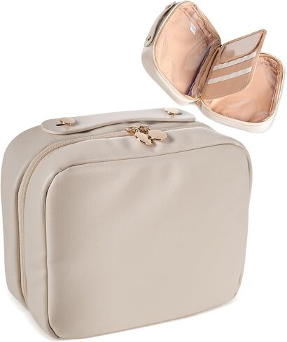 Abiudeng Makeup Bag Travel Makeup Bag Wide-Open Make Up Bag with Brush Compartments Large Portable Cosmetic Bag Pouch with Handle PU Leather Water-Resistant Makeup Organiser Bag for Women-Black in Saudi Arabia