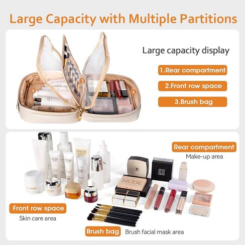 Abiudeng Makeup Bag Travel Makeup Bag Wide-Open Make Up Bag with Brush Compartments Large Portable Cosmetic Bag Pouch with Handle PU Leather Water-Resistant Makeup Organiser Bag for Women-Black in Saudi Arabia
