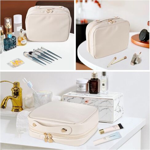 Abiudeng Makeup Bag Travel Makeup Bag Wide-Open Make Up Bag with Brush Compartments Large Portable Cosmetic Bag Pouch with Handle PU Leather Water-Resistant Makeup Organiser Bag for Women-Black in Saudi Arabia