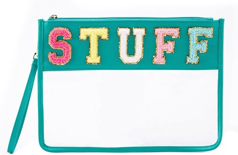 Clear Stuff Bag for Travel,Chenille Letter Sewn On Zipper Pouch, PVC&PU Leather Cosmetic Bags,Sunscreen Bag, Toiletry Bag, Water-proof Makeup Bag For Women and Children, Gym, Grass (Green) in Saudi Arabia