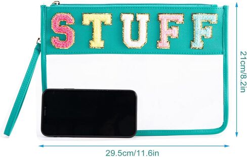 Clear Stuff Bag for Travel,Chenille Letter Sewn On Zipper Pouch, PVC&PU Leather Cosmetic Bags,Sunscreen Bag, Toiletry Bag, Water-proof Makeup Bag For Women and Children, Gym, Grass (Green) in Saudi Arabia