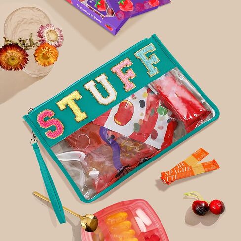 Clear Stuff Bag for Travel,Chenille Letter Sewn On Zipper Pouch, PVC&PU Leather Cosmetic Bags,Sunscreen Bag, Toiletry Bag, Water-proof Makeup Bag For Women and Children, Gym, Grass (Green) in Saudi Arabia