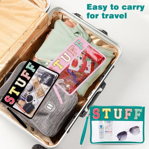 Clear Stuff Bag for Travel,Chenille Letter Sewn On Zipper Pouch, PVC&PU Leather Cosmetic Bags,Sunscreen Bag, Toiletry Bag, Water-proof Makeup Bag For Women and Children, Gym, Grass (Green) in Saudi Arabia