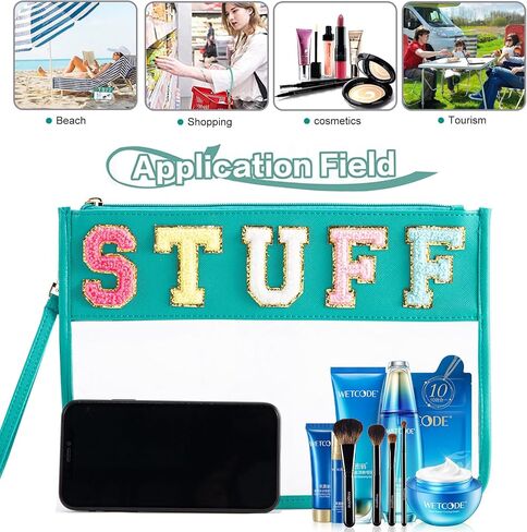 Clear Stuff Bag for Travel,Chenille Letter Sewn On Zipper Pouch, PVC&PU Leather Cosmetic Bags,Sunscreen Bag, Toiletry Bag, Water-proof Makeup Bag For Women and Children, Gym, Grass (Green) in Saudi Arabia