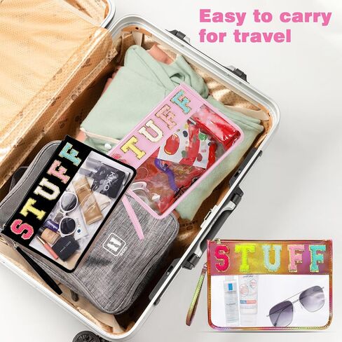 Clear Stuff Bag for Travel,Chenille Letter Sewn On Zipper Pouch, PVC&PU Leather Cosmetic Bags,Sunscreen Bag, Toiletry Bag, Water-proof Makeup Bag For Women and Children, Gym, Grass (Green) in Saudi Arabia