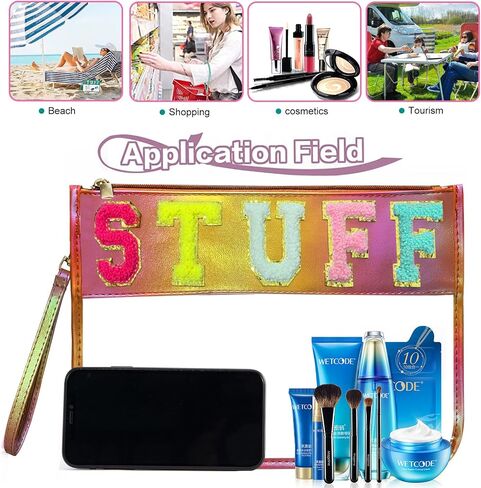 Clear Stuff Bag for Travel,Chenille Letter Sewn On Zipper Pouch, PVC&PU Leather Cosmetic Bags,Sunscreen Bag, Toiletry Bag, Water-proof Makeup Bag For Women and Children, Gym, Grass (Green) in Saudi Arabia