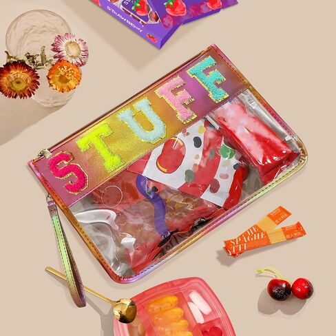 Clear Stuff Bag for Travel,Chenille Letter Sewn On Zipper Pouch, PVC&PU Leather Cosmetic Bags,Sunscreen Bag, Toiletry Bag, Water-proof Makeup Bag For Women and Children, Gym, Grass (Green) in Saudi Arabia