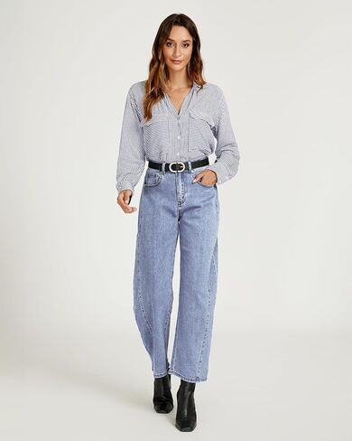 Luvamia برميل جينز للنساء عالي الخصر عصري فضفاض قابل للتمدد من قماش الدنيم ذو خياطة جانبية بنطلون جينز فضفاض مناسب in Kuwait