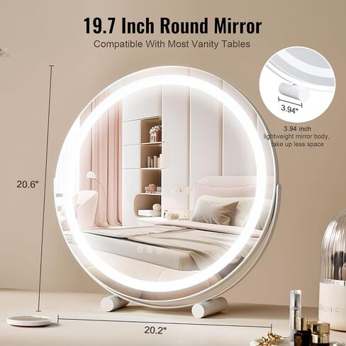 مرآة مكياج VEVOR مقاس 20 بوصة مع أضواء، مرآة مكياج LED 3 أوضاع إضاءة ملونة، مع مرآة تكبير 5X، تحكم ذكي باللمس، دوران 360 درجة، مرآة مكياج مستديرة مضاءة لطاولة غرفة النوم (أبيض) in Saudi Arabia