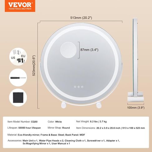 مرآة مكياج VEVOR مقاس 20 بوصة مع أضواء، مرآة مكياج LED 3 أوضاع إضاءة ملونة، مع مرآة تكبير 5X، تحكم ذكي باللمس، دوران 360 درجة، مرآة مكياج مستديرة مضاءة لطاولة غرفة النوم (أبيض) in Saudi Arabia