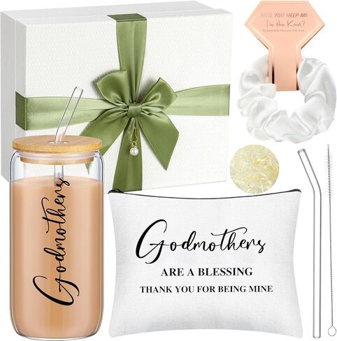 Skylety Godmother Proposal Gifts Set 16 oz Coffee Glass Godmother Cosmetic Bag White Hair Scrunchies,Gift Box, Christmas Gifts for Godmother, Christmas Wedding Holiday Appreciated Gift in Saudi Arabia