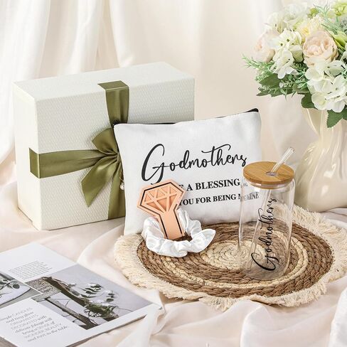 Skylety Godmother Proposal Gifts Set 16 oz Coffee Glass Godmother Cosmetic Bag White Hair Scrunchies,Gift Box, Christmas Gifts for Godmother, Christmas Wedding Holiday Appreciated Gift in Saudi Arabia
