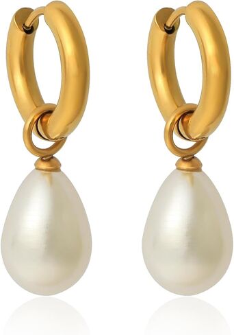 Natural Freshwater Pearl Lever Back Earring for Women 18k Real Gold Plated Huggie Hoop Earring Natural Gemstone Pearl Bead Drop Jewelry Christmas Gift for Wife Girlfriend Daughter in Kuwait